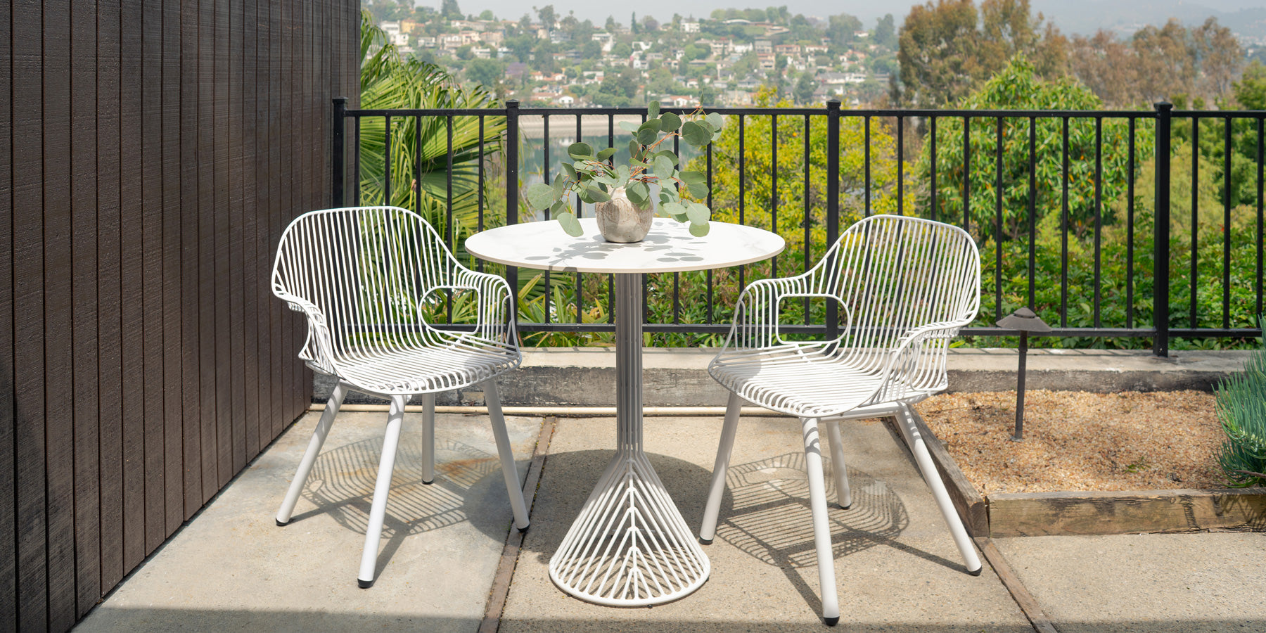 Rita Arm Chair and 30" Bistro Shown in White in Silver Lake.