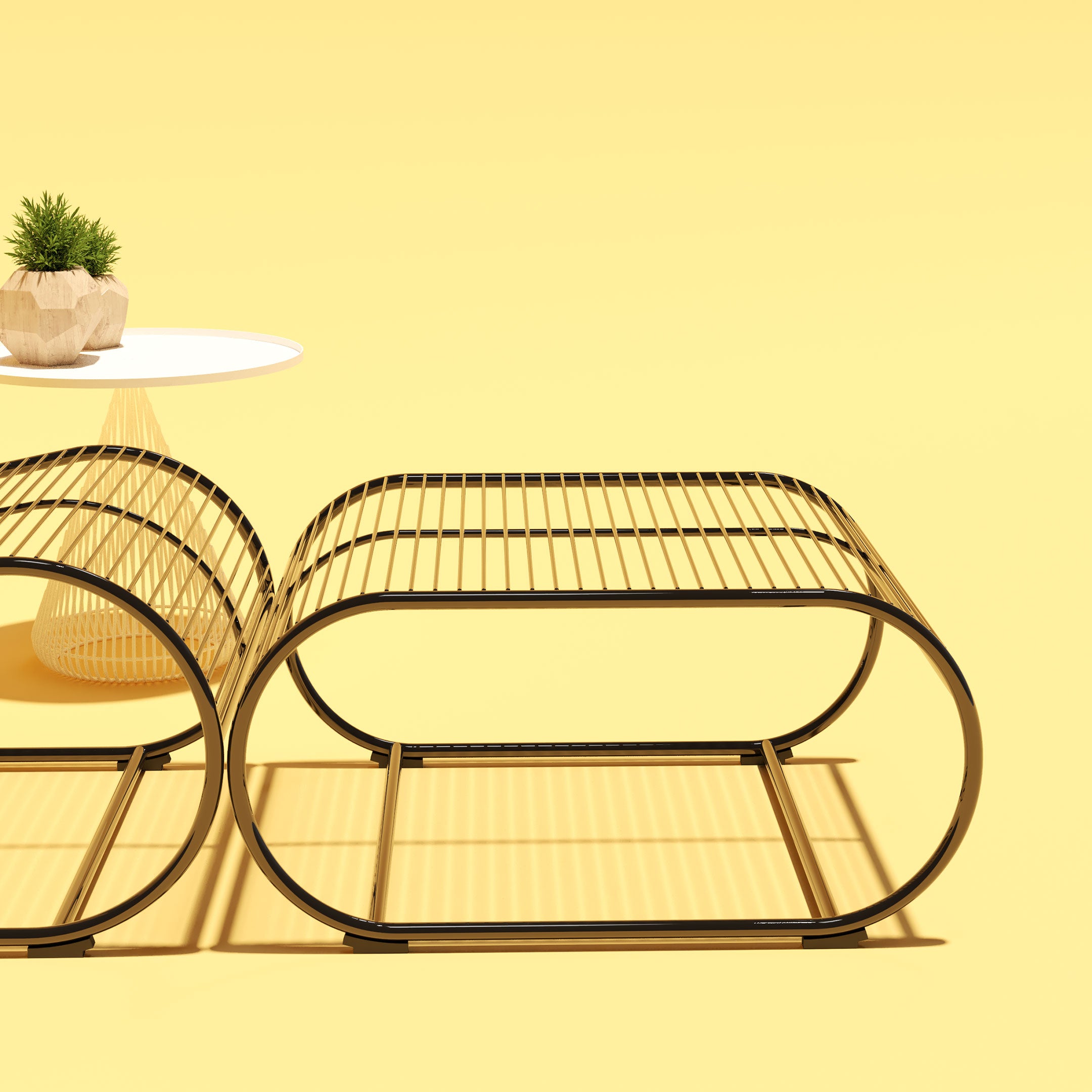 Loop Ottoman shown in Black on yellow background