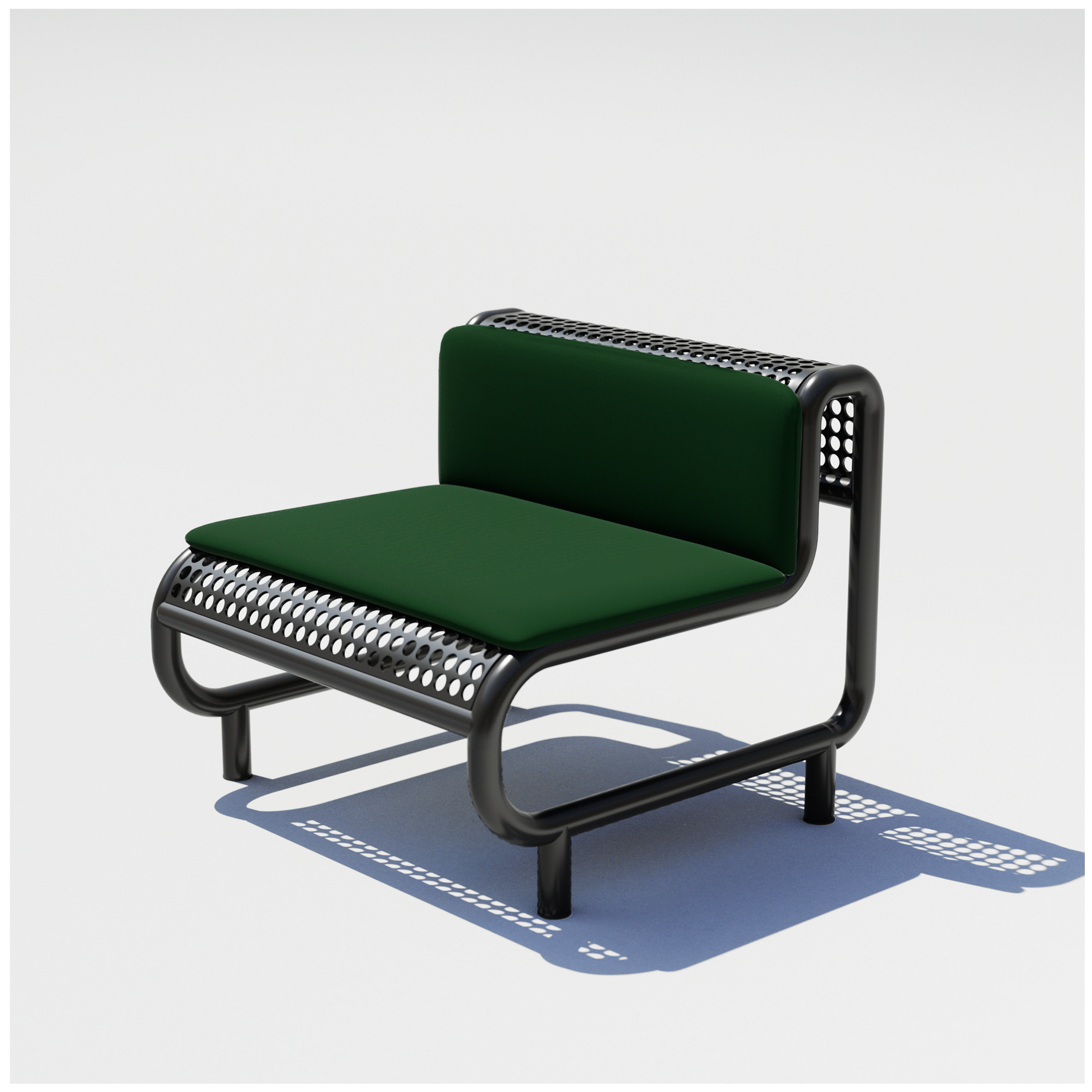 Bend Goods Modern outdoor lounge chair with curved aluminum frame, perforated seat, and durable  Black powder-coated finish And a Green Pad on top.