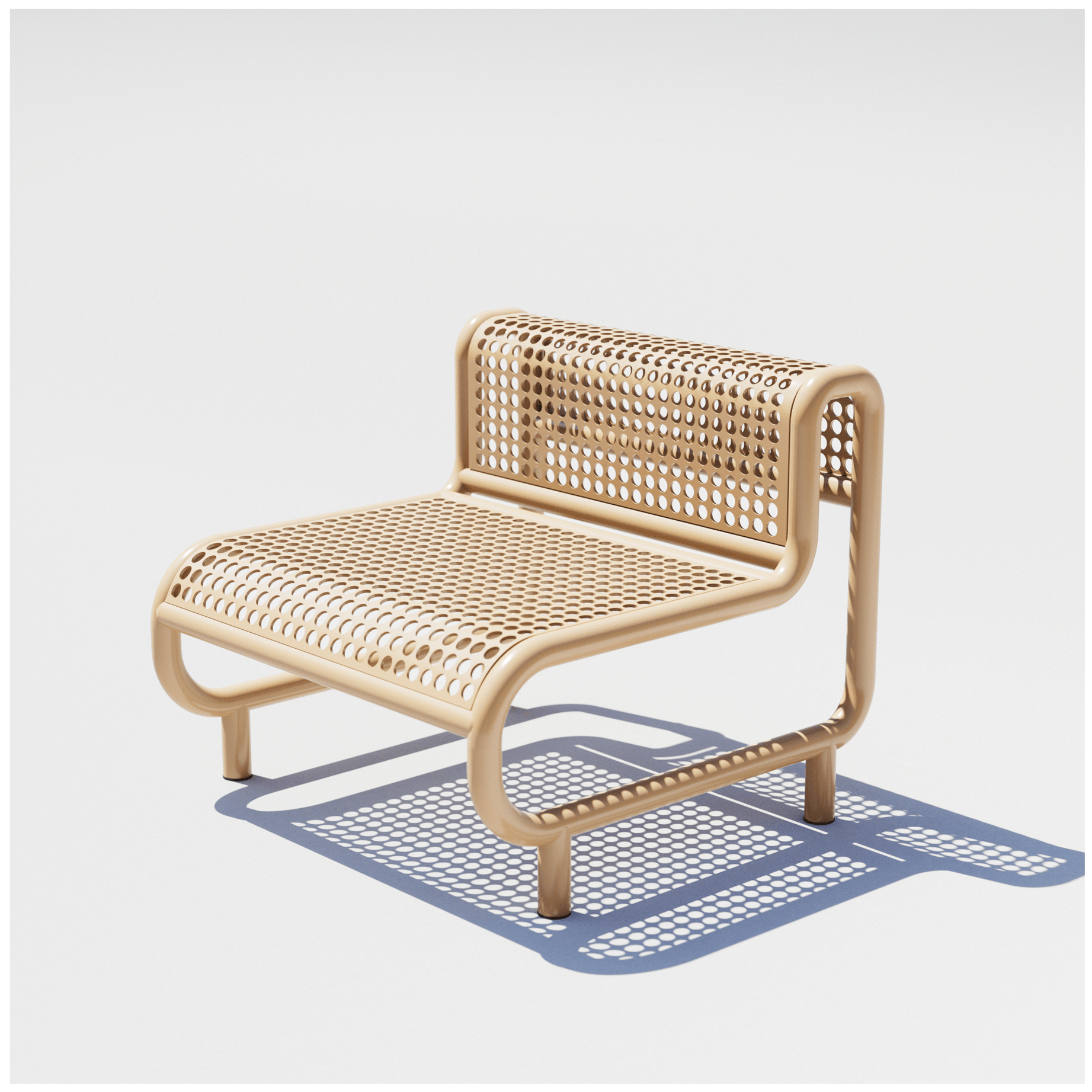 Bend Goods Modern outdoor lounge chair with curved aluminum frame, perforated seat, and durable  Tan powder-coated finish.
