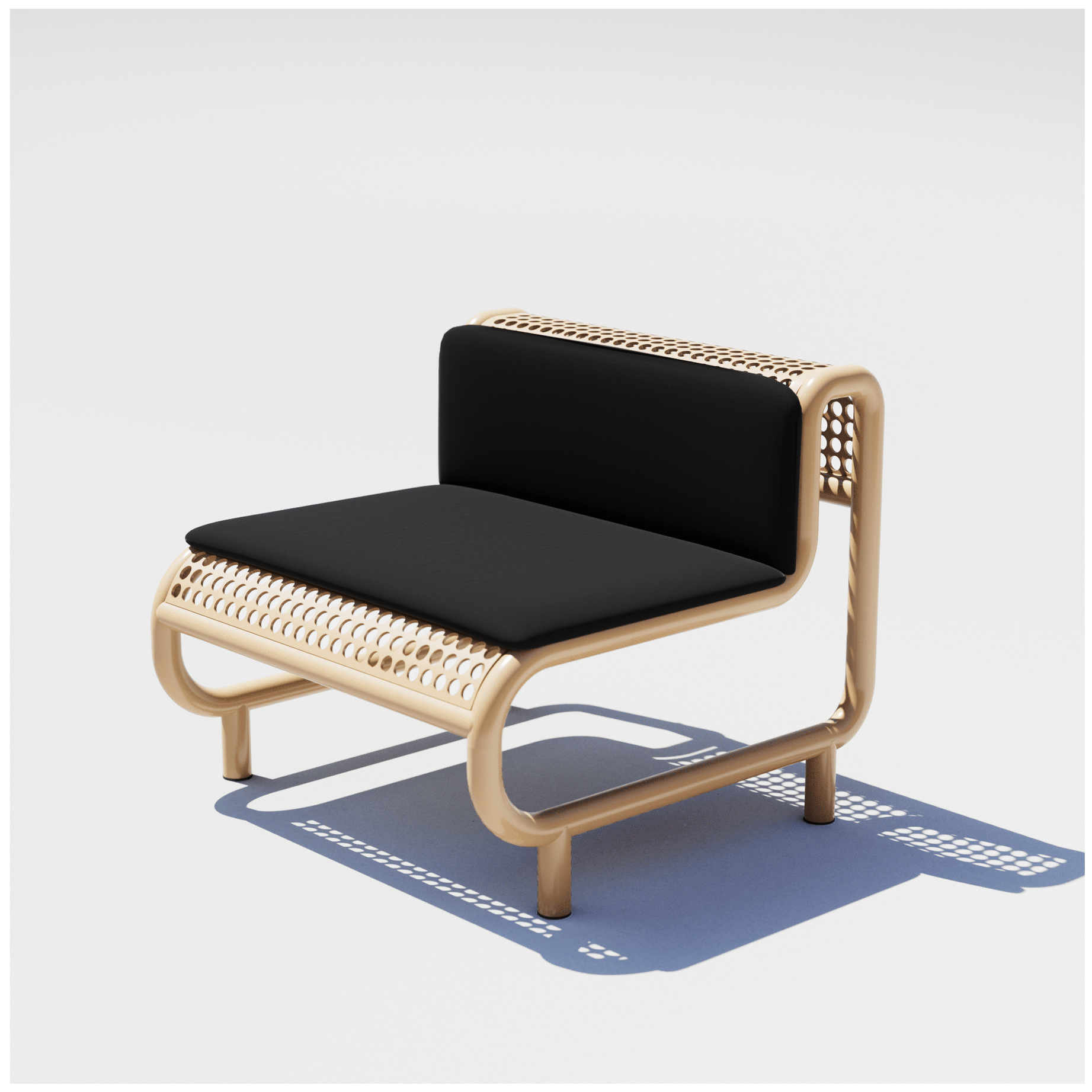 Bend Goods Modern outdoor lounge chair with curved aluminum frame, perforated seat, and durable  Tan powder-coated finish And a Black Pad on top.