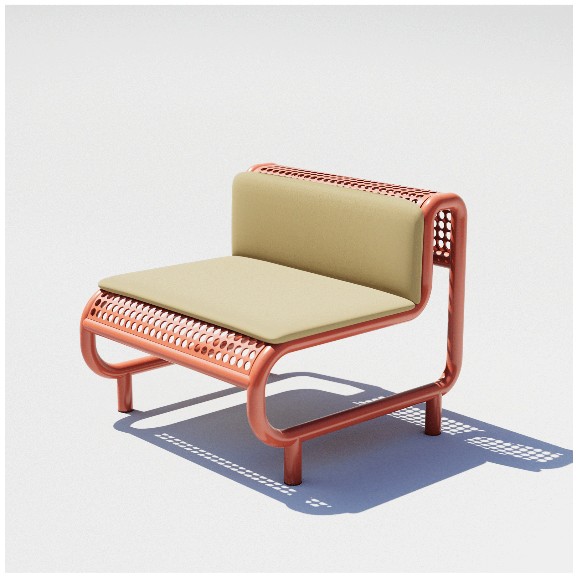 Bend Goods Modern outdoor lounge chair with curved aluminum frame, perforated seat, and durable  Terracotta powder-coated finish And a Tan Pad on top.