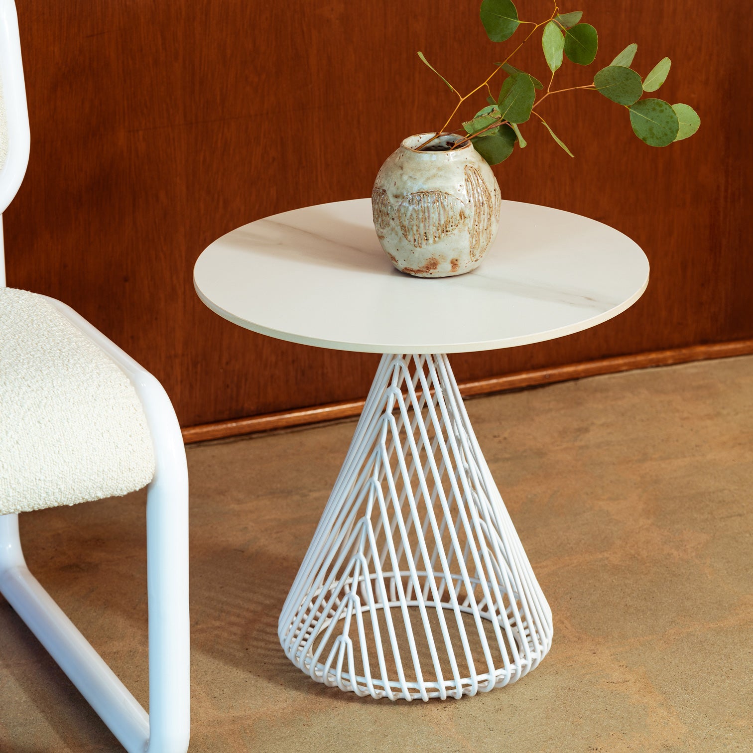 Cono Table shown in White with White Ceramic Stone Top.