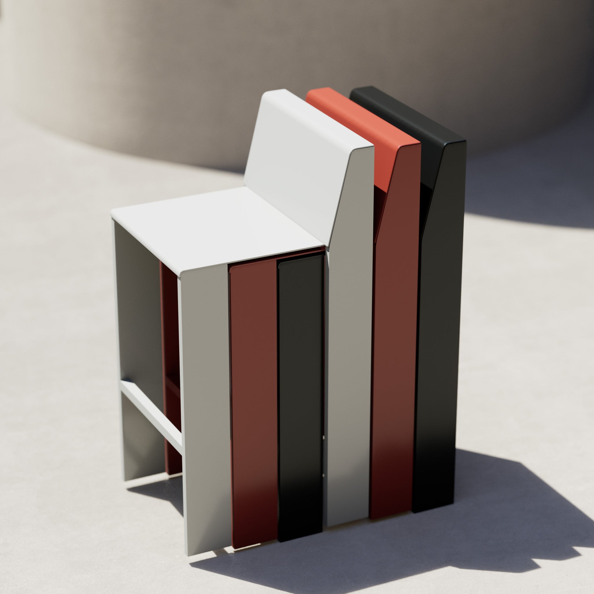 Bend Goods Thelma, Durable modern aluminum bar stool with solid or perforated back, minimalist design, sculptural frame, and versatile indoor-outdoor use for kitchens, patios, cafés, and commercial spaces