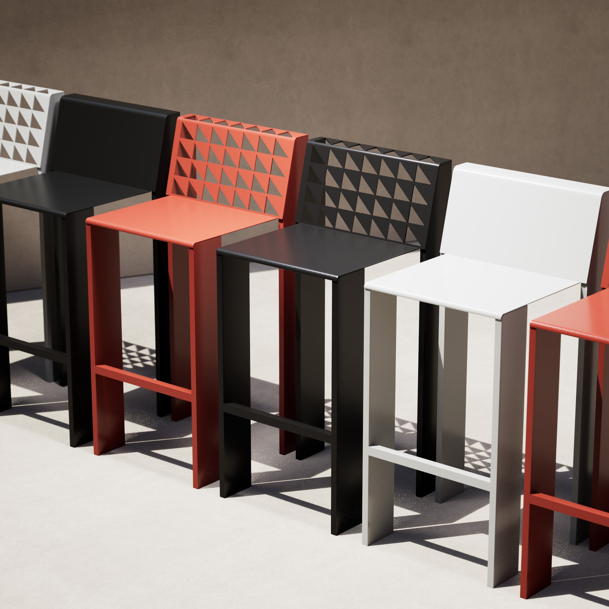 Bend Goods Thelma, Durable modern aluminum bar stool with solid or perforated back, minimalist design, sculptural frame, and versatile indoor-outdoor use for kitchens, patios, cafés, and commercial spaces