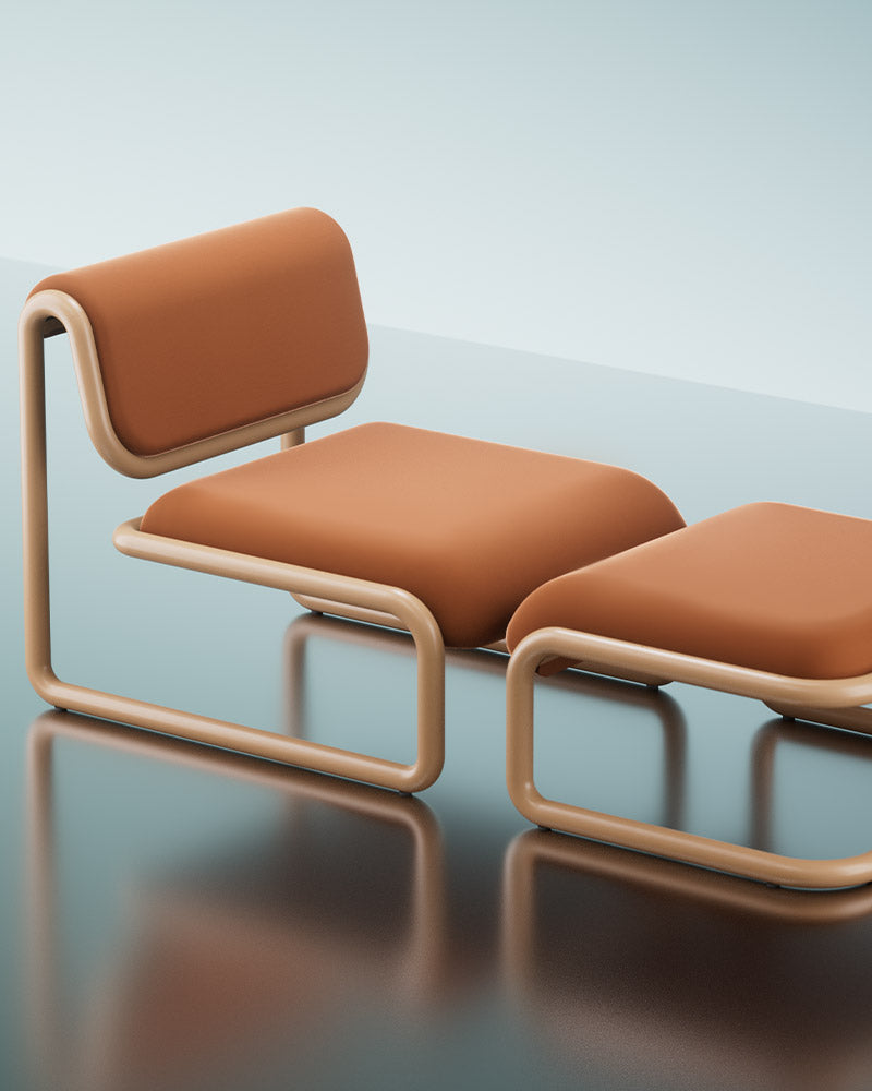 Tube Lounge Chair with Vegan Leather Padding. Featuring a matching Ottoman in the same color finish and seat material.