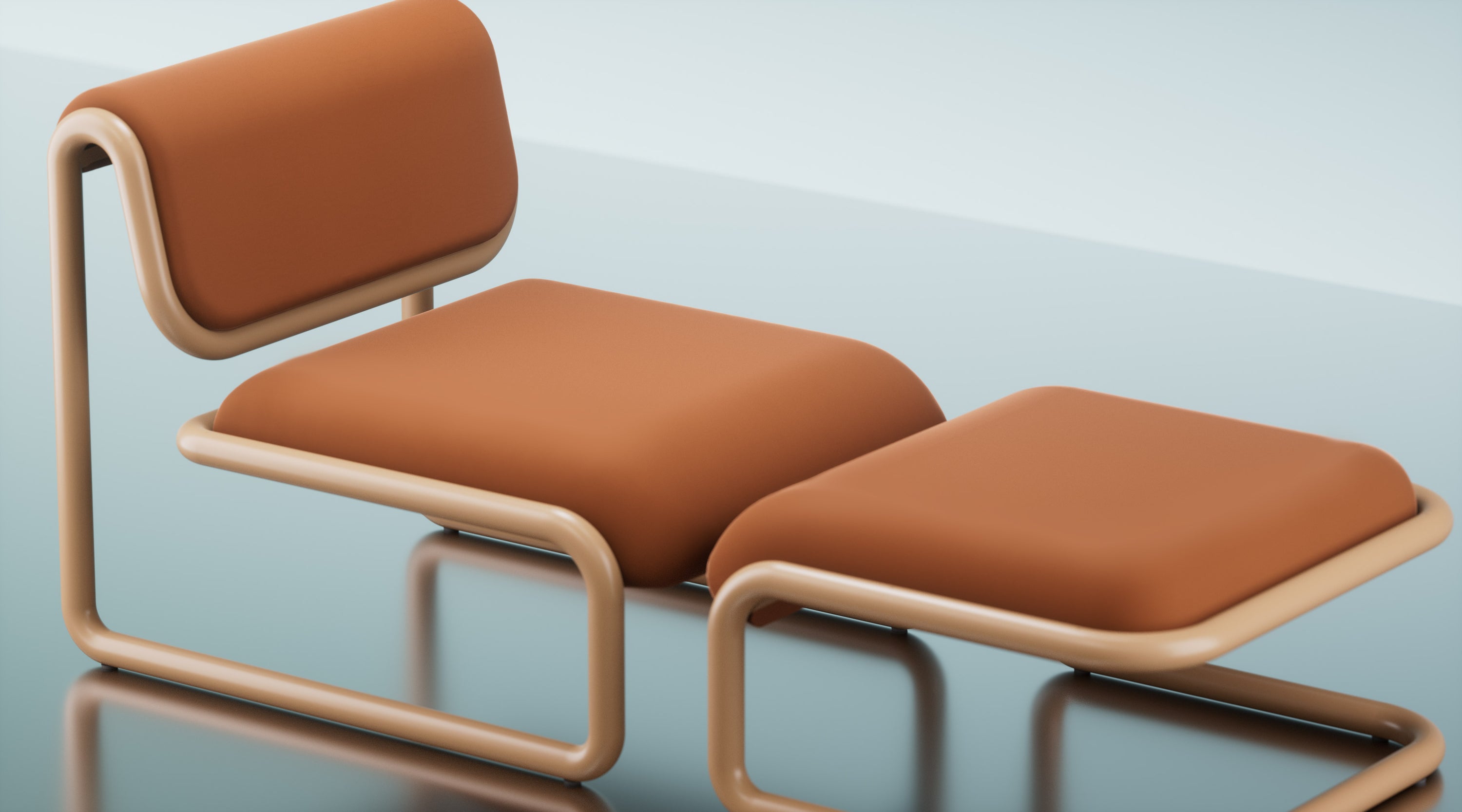 Tube Lounge Chair with Vegan Leather Padding. Featuring a matching Ottoman in the same color finish and seat material.