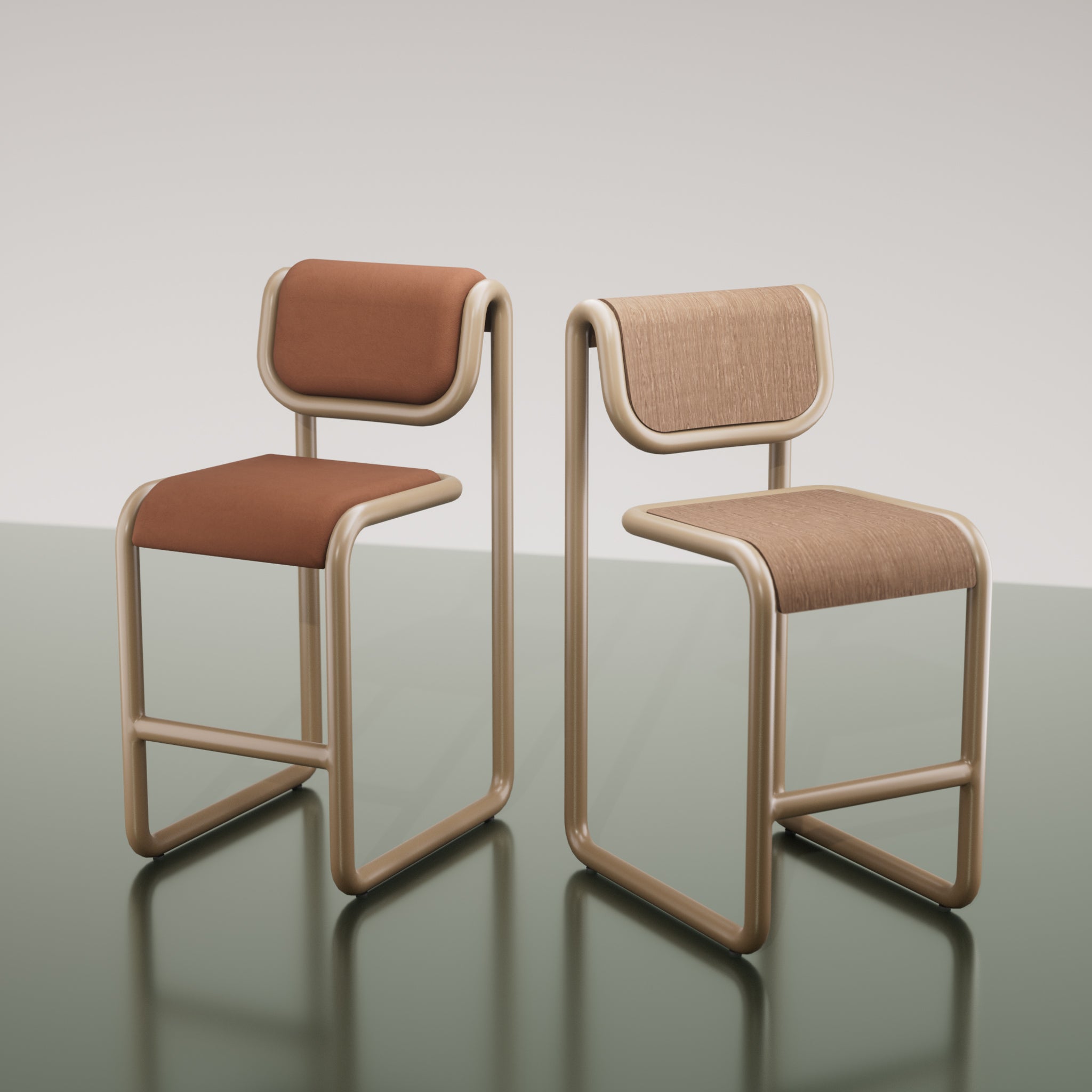 Tube Stools shown in Tan with Wood and Vegan Leather seating options
