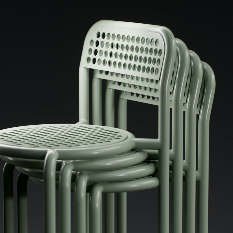 Close up of the latest Bend Goods release, Coffee House Chair in Moon Dust grey powder coat.