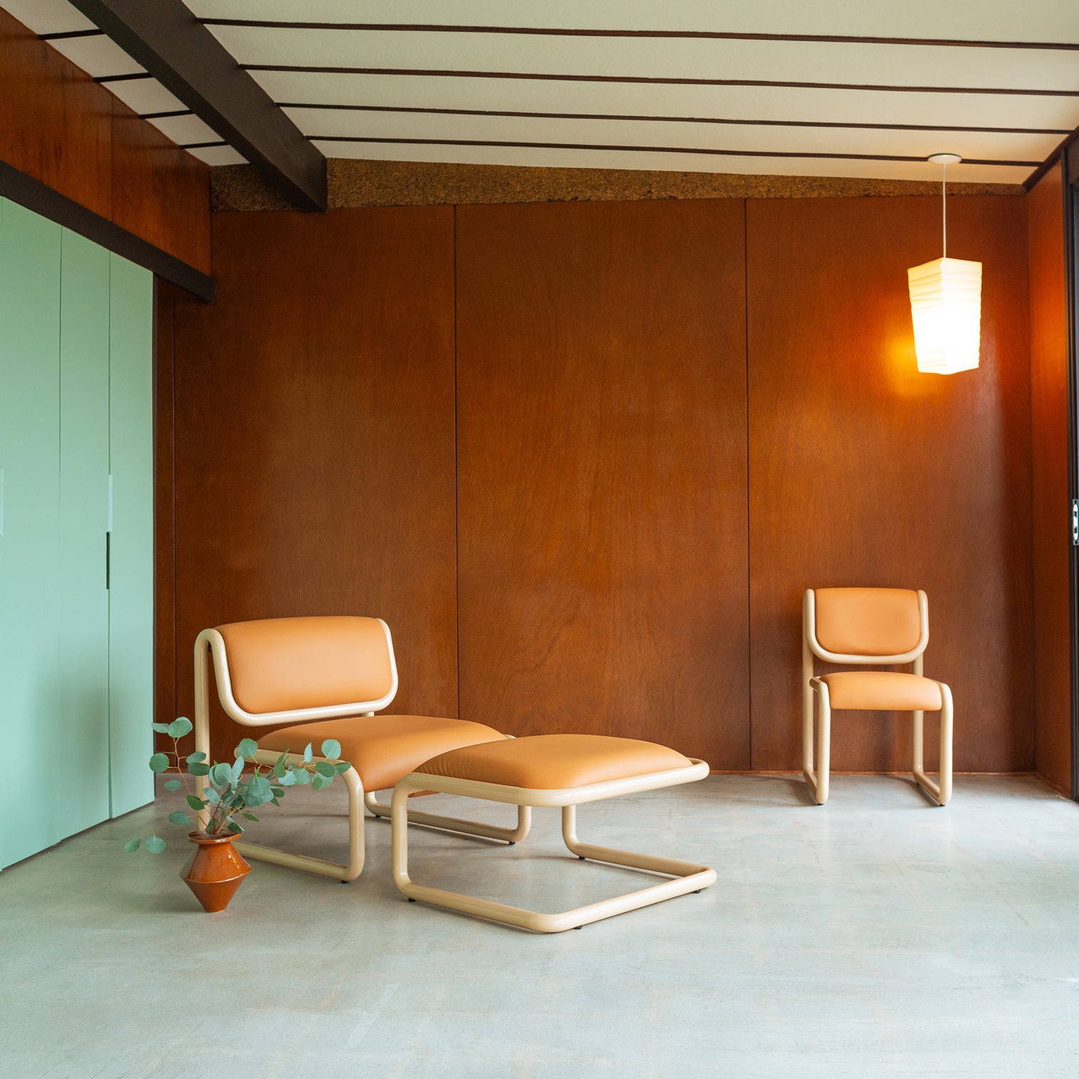 Tube Lounge, Ottoman & Dining Chair shown in Tan with Vegan Leather 