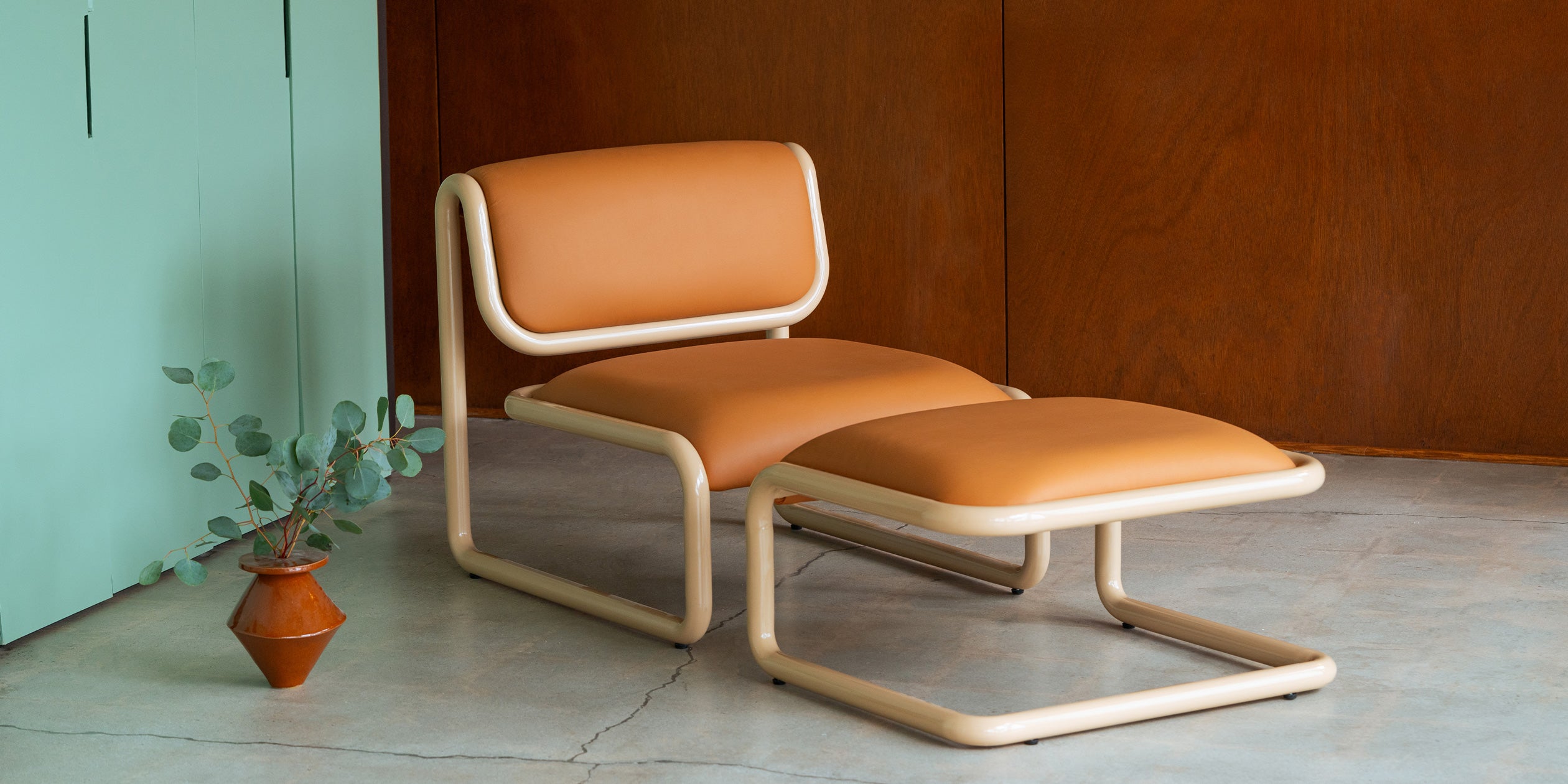 Tube Lounge Chair and Tube Ottoman in Tan with Vegan Leather