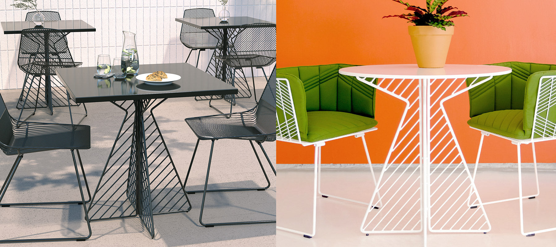 Cafe Tables shown in White & Black in multiple different locations. 