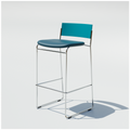 Chrome Hinoki Barstool with a blue padded seat, flat backrest and slim metal frame.