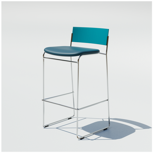 Chrome Hinoki Barstool with a blue padded seat, flat backrest and slim metal frame.