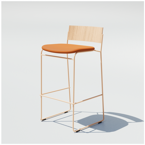Hinoki Barstool with a tan frame, natural wood backrest and orange padded seat.