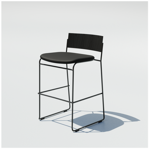 Black Hinoki Counter Stool with a black padded seat, flat backrest and slim metal frame with a footrest.