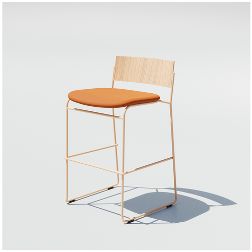 Hinoki Counter Stool with a tan frame, natural wood backrest and orange padded seat.