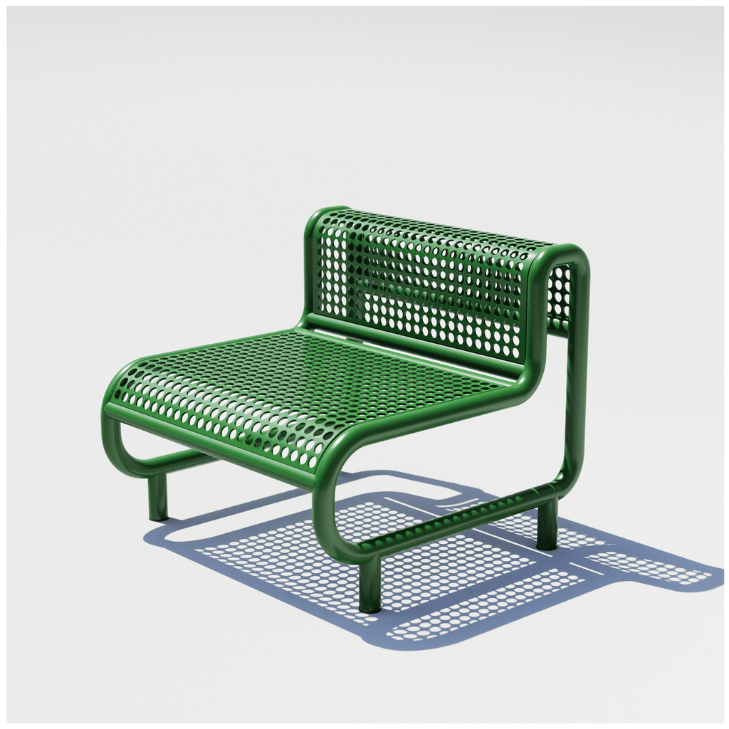 Bend Goods Modern outdoor lounge chair with curved aluminum frame, perforated seat, and durable  Green powder-coated finish.