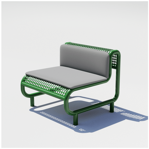 Bend Goods Modern outdoor lounge chair with curved aluminum frame, perforated seat, and durable  Green powder-coated finish And a Granite Pad on top.