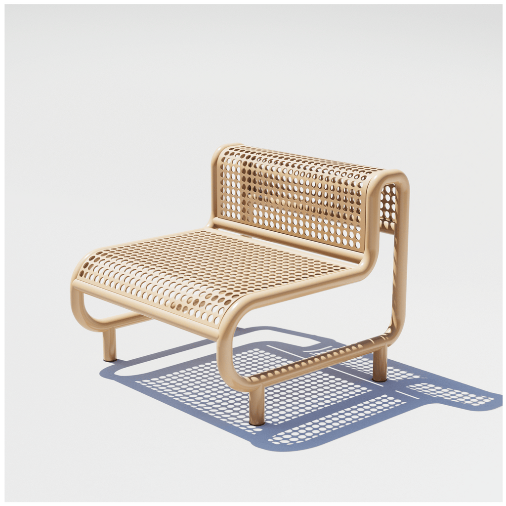 Bend Goods Modern outdoor lounge chair with curved aluminum frame, perforated seat, and durable  Tan powder-coated finish.