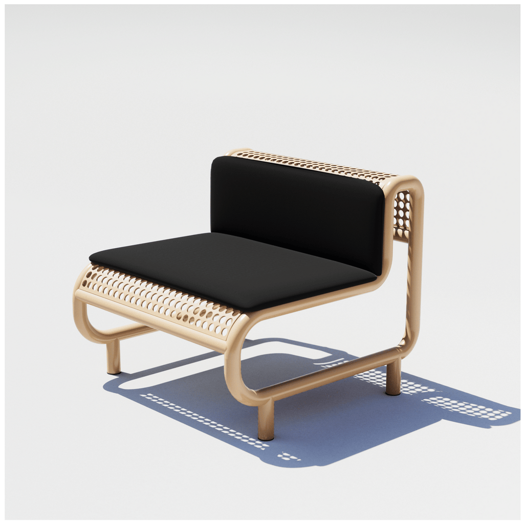 Bend Goods Modern outdoor lounge chair with curved aluminum frame, perforated seat, and durable  Tan powder-coated finish And a Black Pad on top.
