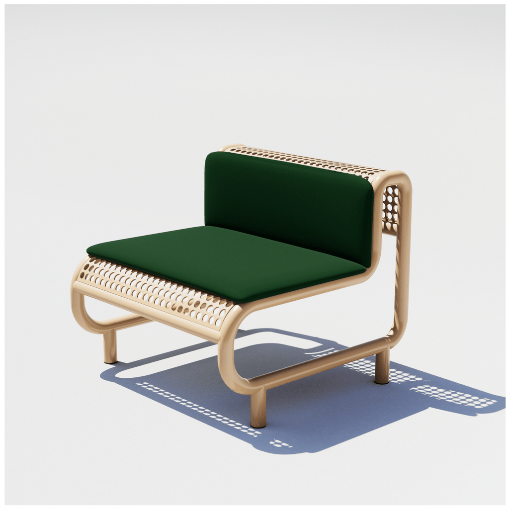 Bend Goods Modern outdoor lounge chair with curved aluminum frame, perforated seat, and durable  Tan powder-coated finish And a Green Pad on top.
