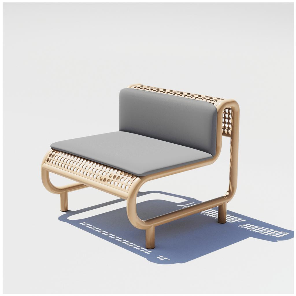 Bend Goods Modern outdoor lounge chair with curved aluminum frame, perforated seat, and durable  Tan powder-coated finish And a Grey Pad on top.
