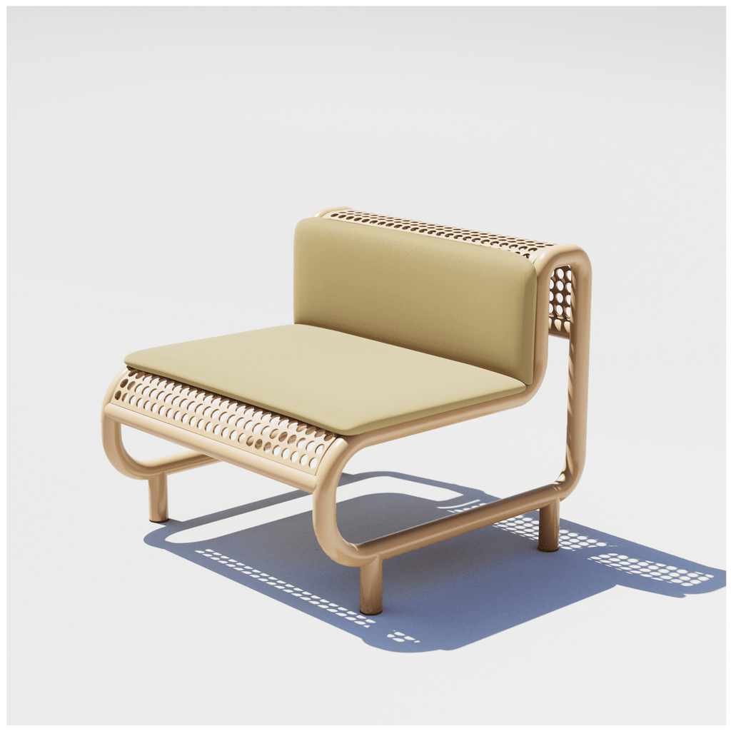 Bend Goods Modern outdoor lounge chair with curved aluminum frame, perforated seat, and durable  Tan powder-coated finish And a Tan Pad on top.