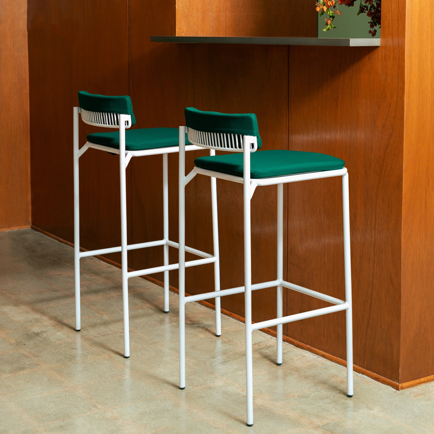 Rachel Barstools shown in White with Forest Green Sunbrella Padding