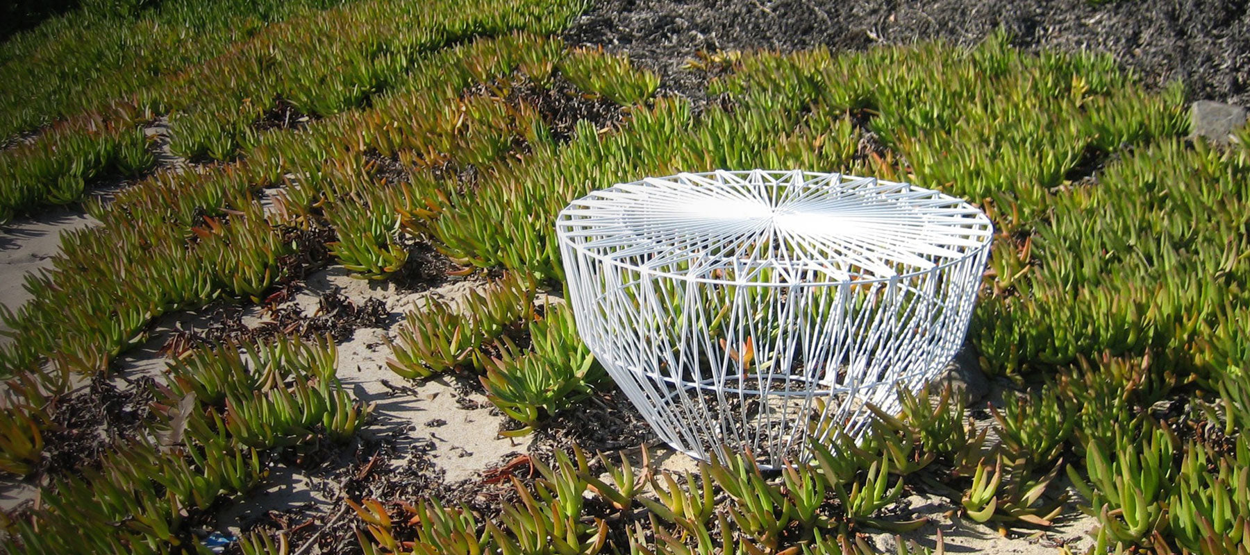 Drum Table shown in White. Pictured outdoors