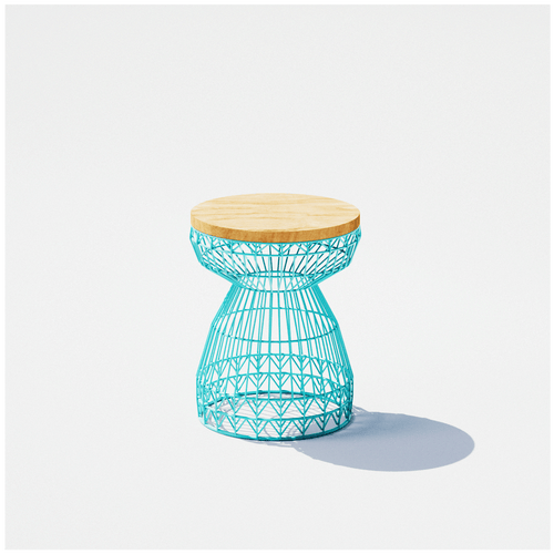 Bend Goods Switch bar stool featuring a blue geometric wire base and cushioned seat.