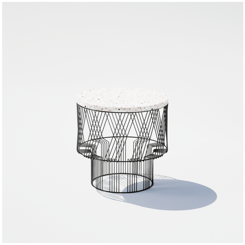 Bend Goods Terrazzo is a  side table with colorful natural stone top and radial wire base, durable and stylish for modern interiors or outdoor spaces.