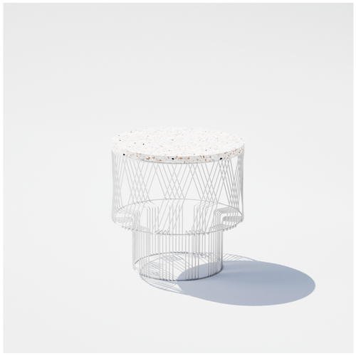 Bend Goods Terrazzo is a  side table with colorful natural stone top and radial wire base, durable and stylish for modern interiors or outdoor spaces.