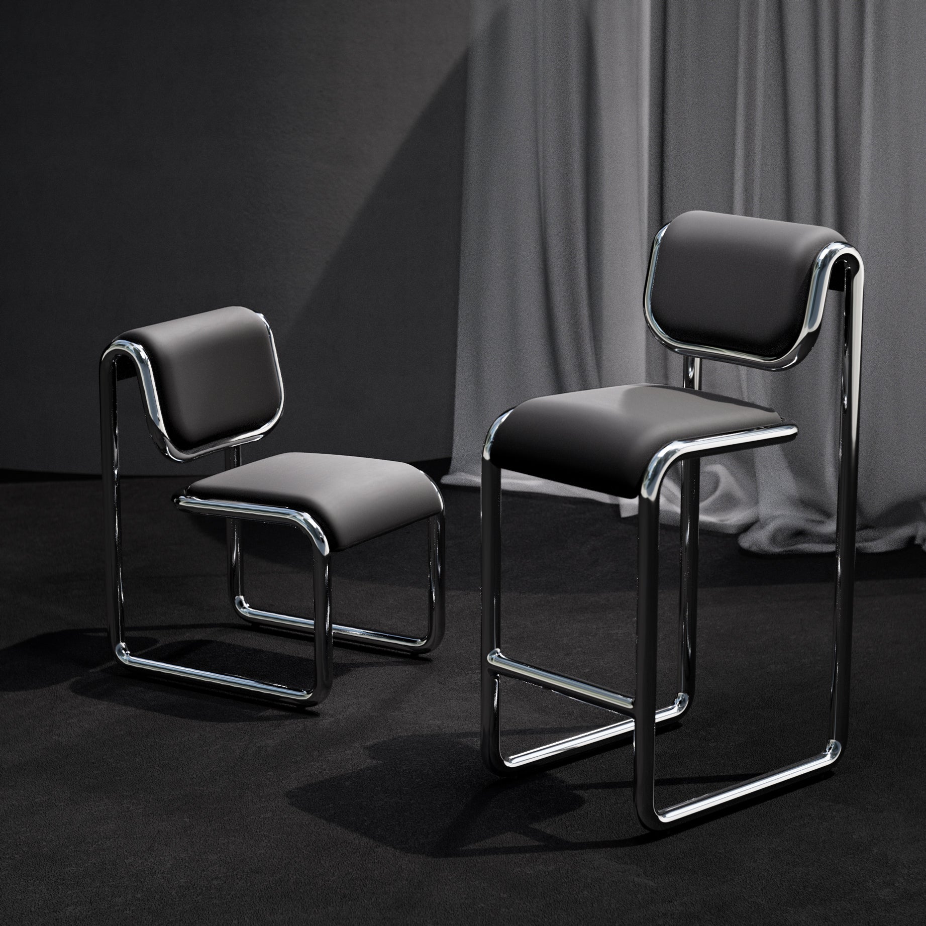 Two modern black chairs with chrome frames on a dark background