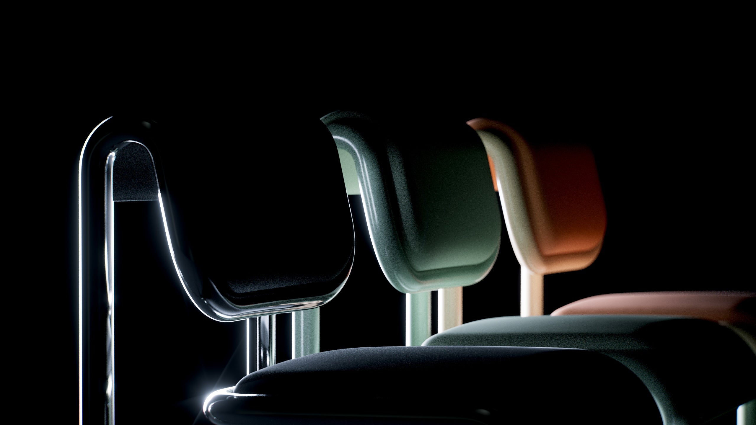 Modern chairs with different colored seats against a dark background