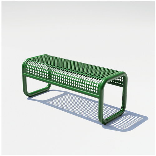 Bend Goods Tube Bench is a Modern outdoor aluminum bench with perforated metal seat, lightweight and durable design for gardens, patios, hospitality, and residential spaces.